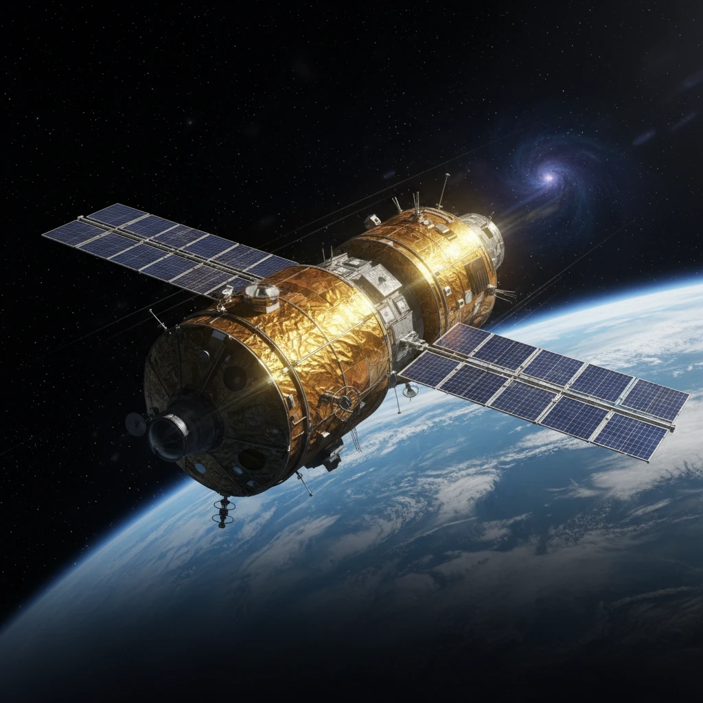 A heavy space station module above Earth, crinkled gold foil insulation, long blue solar arrays catching hard sunlight, the curve of the planet and its clouds below, a distant spiral galaxy in the starfield, cinematic concept art