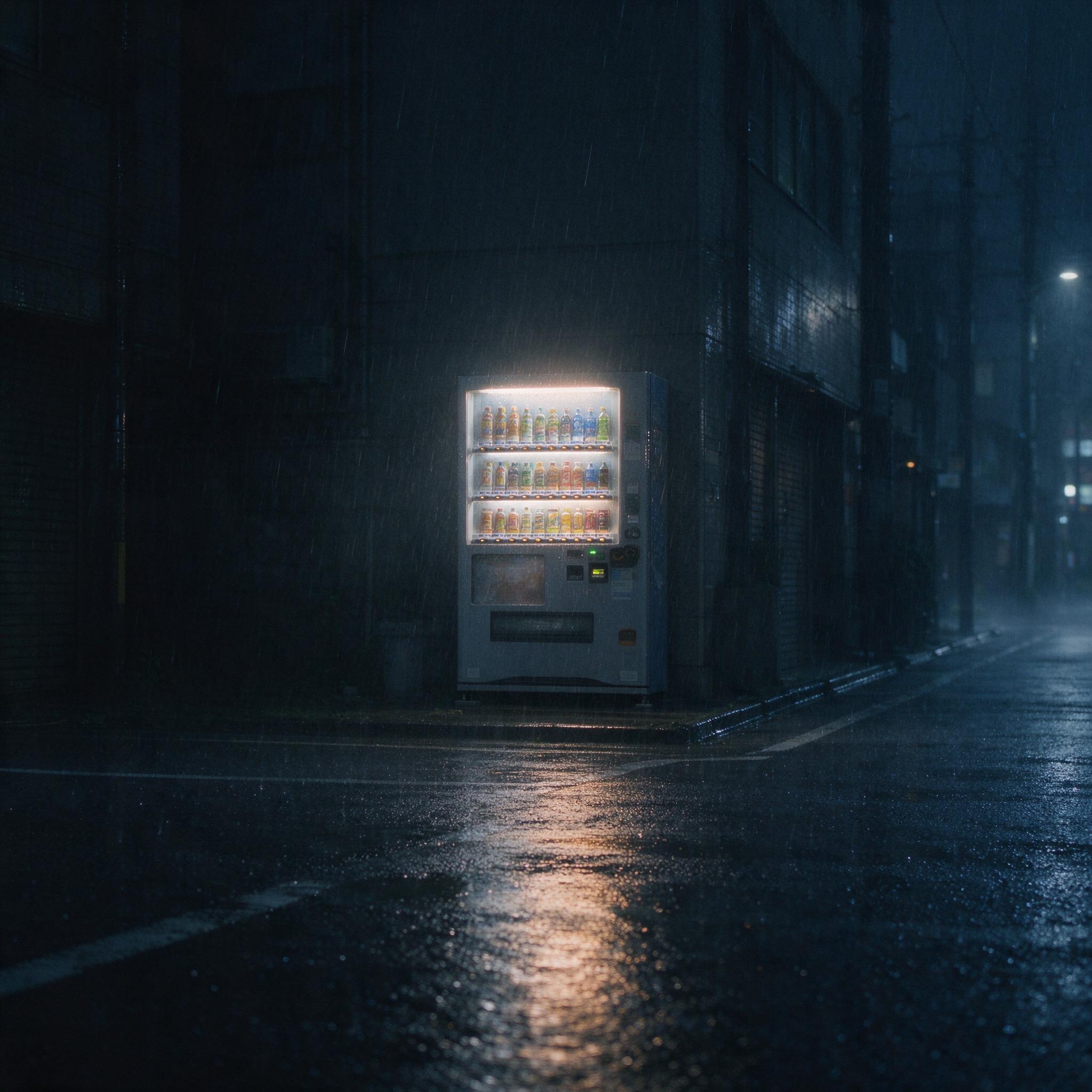 A lone vending machine glowing in the rain on an empty street, 35mm film look