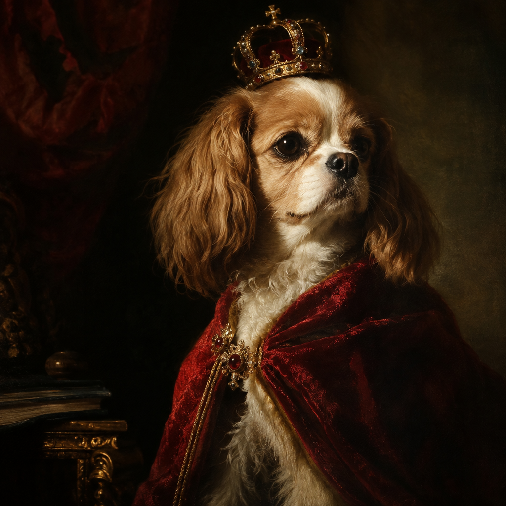 A small dog as a Renaissance oil portrait in a velvet cape and tiny crown, dramatic light
