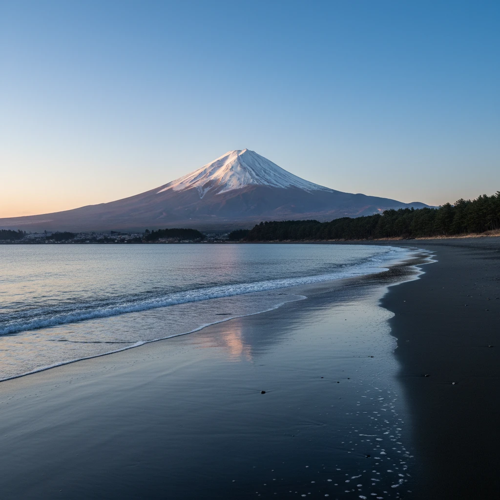A black-sand beach at dawn, the snow-capped cone of Mount Fuji across the bay catching the first pink light, dark pine forest along the shore, a gentle wave washing over glassy wet sand that mirrors a clean blue sky, cinematic wide shot, serene and immense