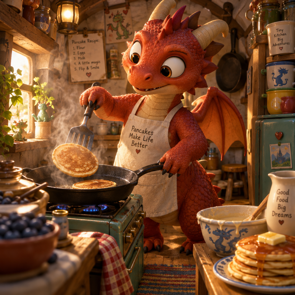 A dragon cooking pancakes in a tiny kitchen, steam and warm light, Pixar-style 3D render, playful and detailed