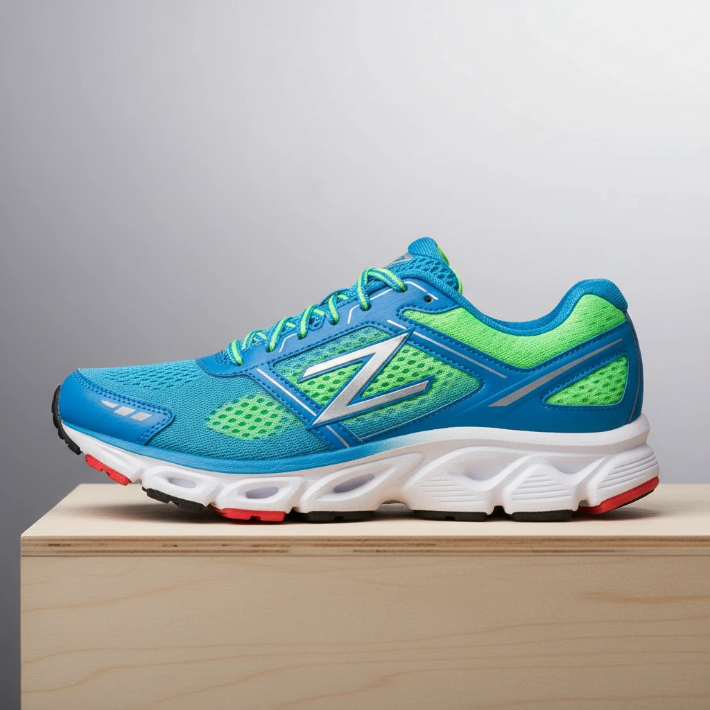 A blue and neon-green running shoe in side profile on a light wooden plinth, breathable mesh upper, silver logo stripe, chunky white sculpted midsole with red and black outsole, soft gray studio backdrop, clean product photography