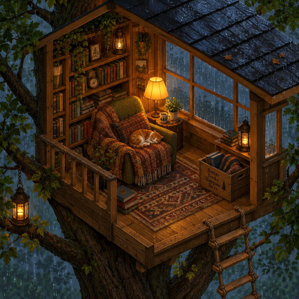 A cozy reading nook in a treehouse during rain, warm lamp light, a sleeping cat, isometric illustration