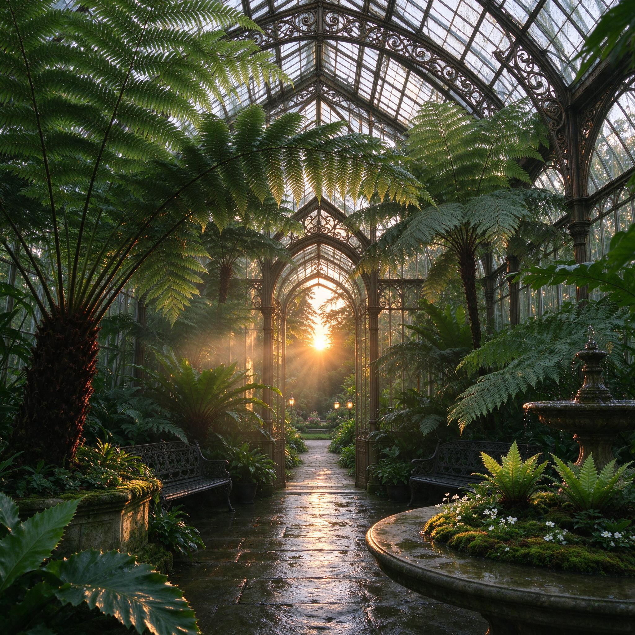 A Victorian glass greenhouse full of giant ferns at sunrise, soft volumetric light