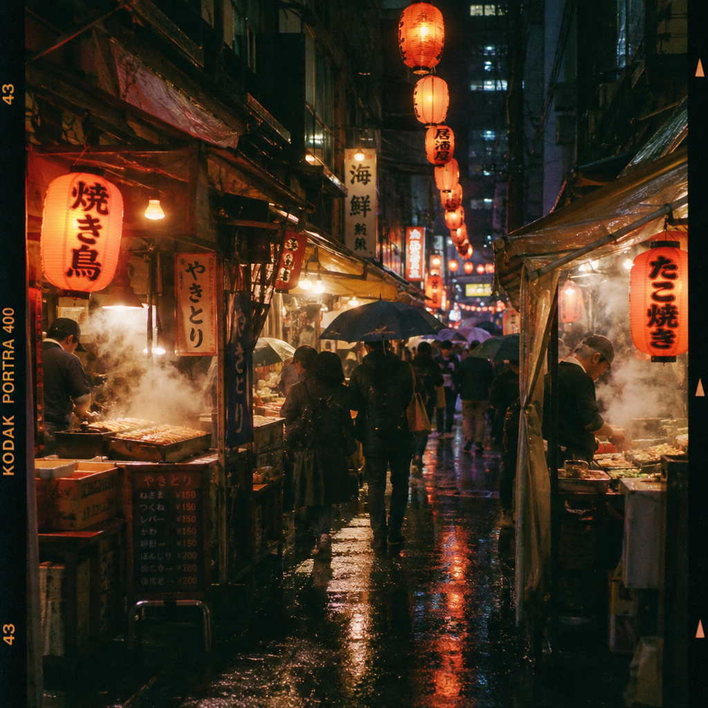 A night market in a rainy alley, paper lanterns and steam from food stalls, 35mm film photo