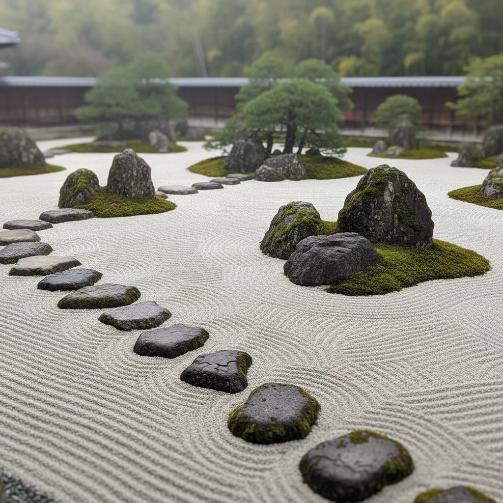 A tranquil zen garden with moss-covered boulders and a curving path of stepping stones through finely raked white gravel, pruned pines and a wooden temple wall behind, soft misty light, shallow depth of field, cinematic photography