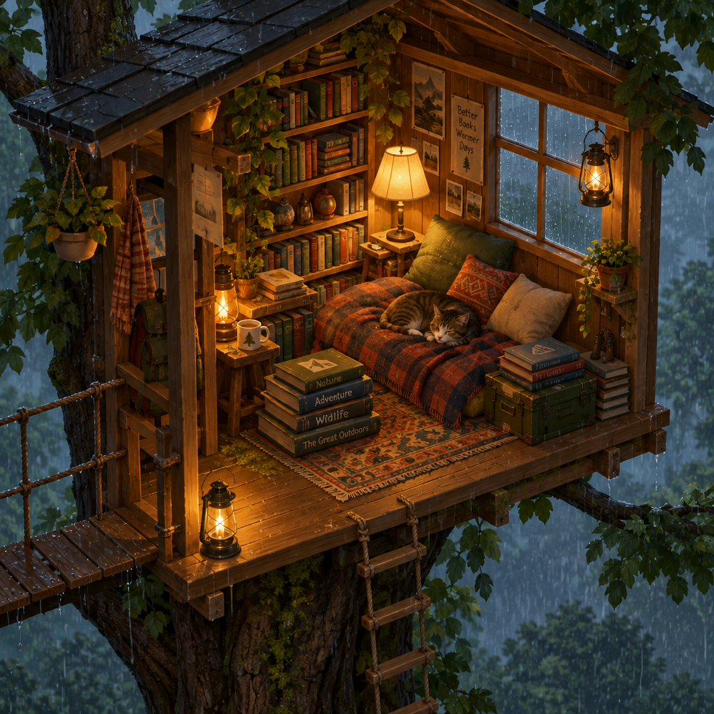 A cozy reading nook in a treehouse during rain, warm lamp light, stacked books, a sleeping cat, isometric illustration