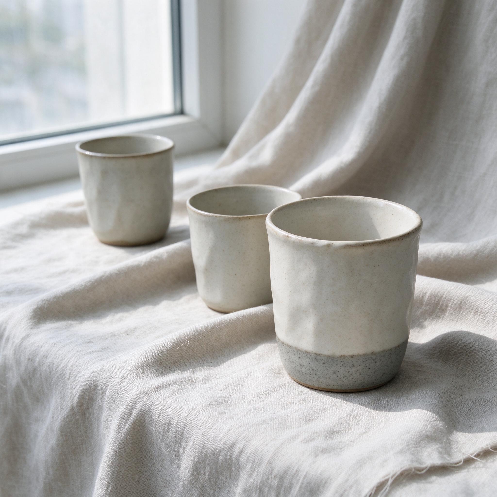 Minimal still life of handmade ceramic cups on linen, soft window light, editorial product photo