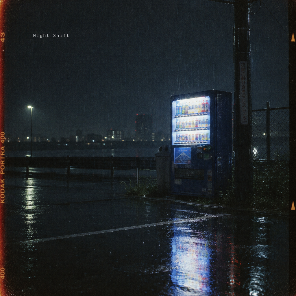 An album cover for a lo-fi band called "Night Shift": a lone vending machine glowing in the rain, 35mm film look, the band name in clean small type