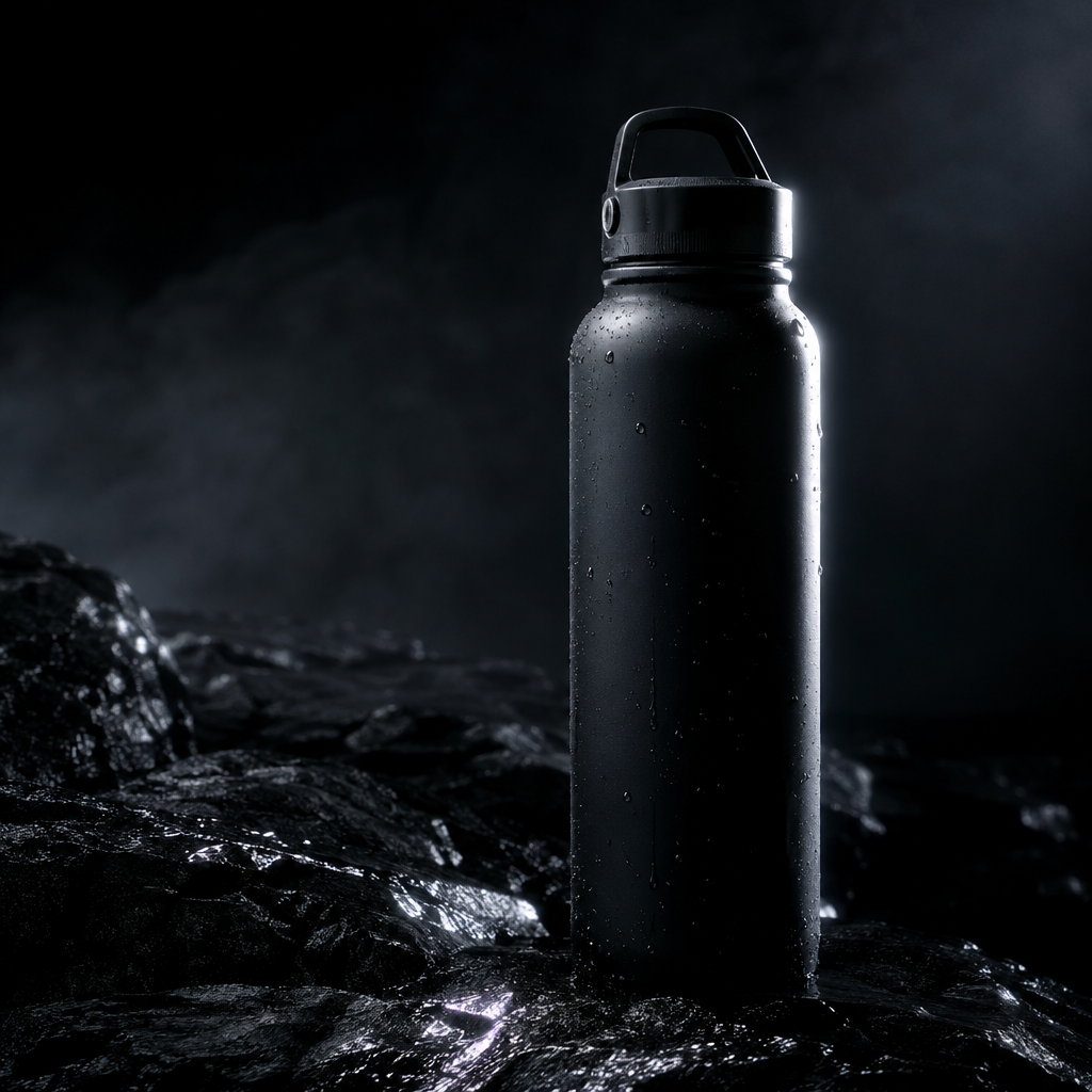 Slow orbit around a matte black water bottle on wet black stone, studio rim light