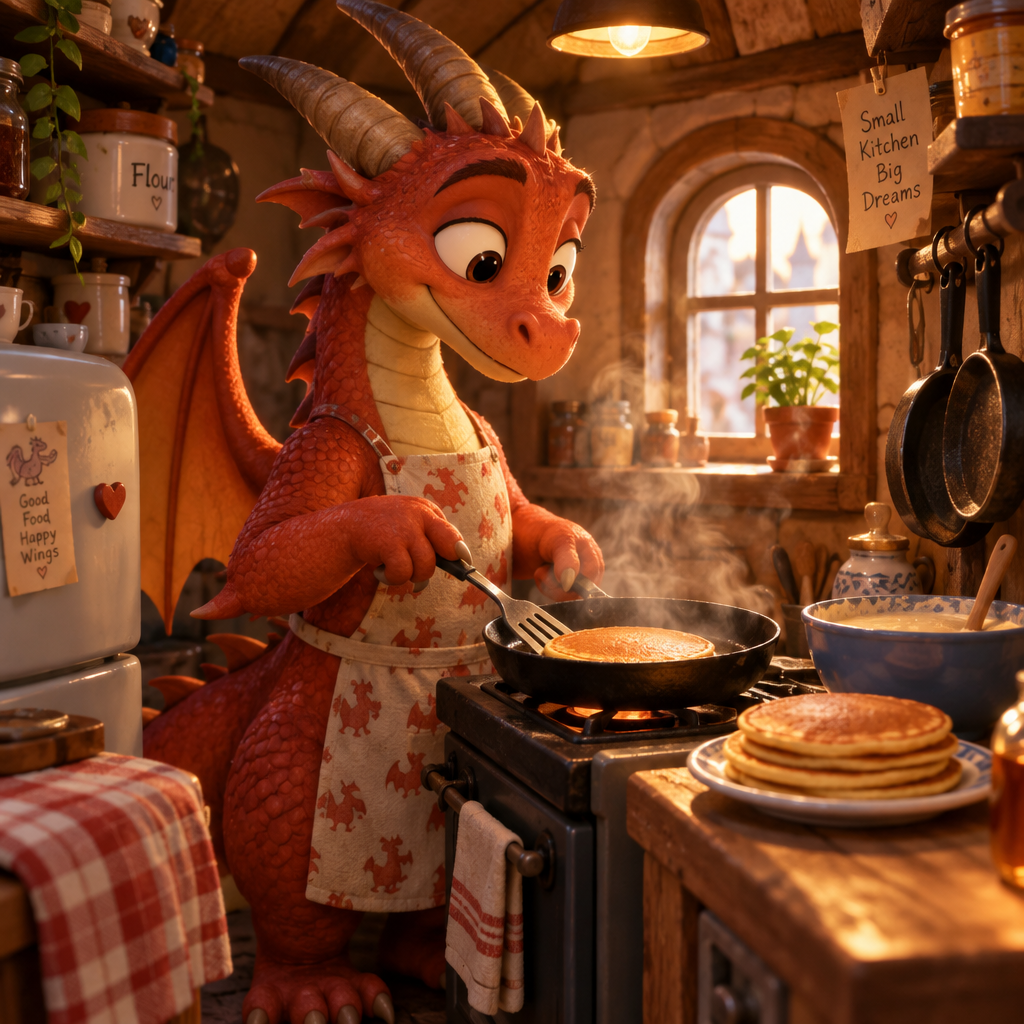A dragon cooking pancakes in a tiny kitchen, steam and warm light, Pixar-style 3D render