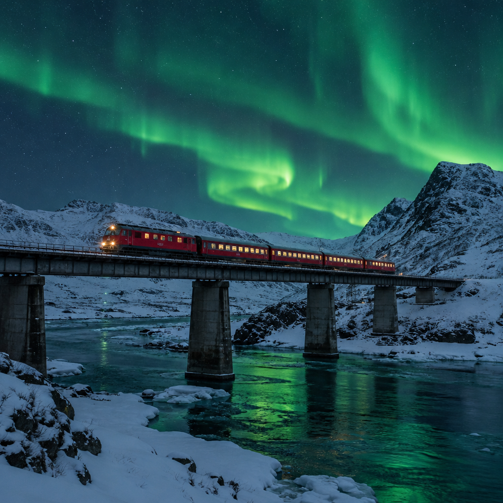 A red train crossing a snowy arctic bridge under green aurora, wide shot, photoreal