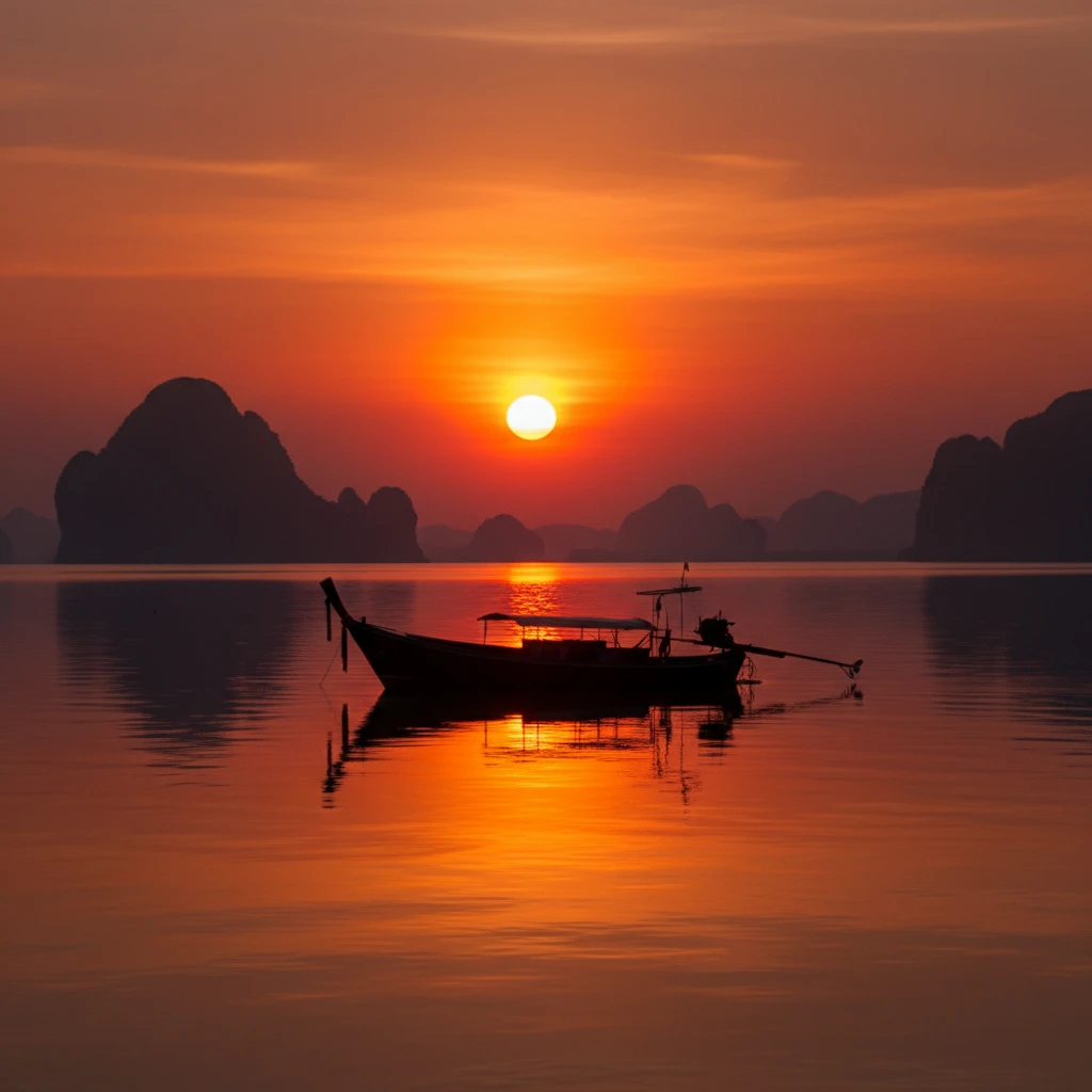 A lone longtail boat on mirror-still water under a blazing orange sunset, silhouetted karst islands on the horizon, the sun a perfect glowing disc with its reflection on the water, photorealistic, natural light