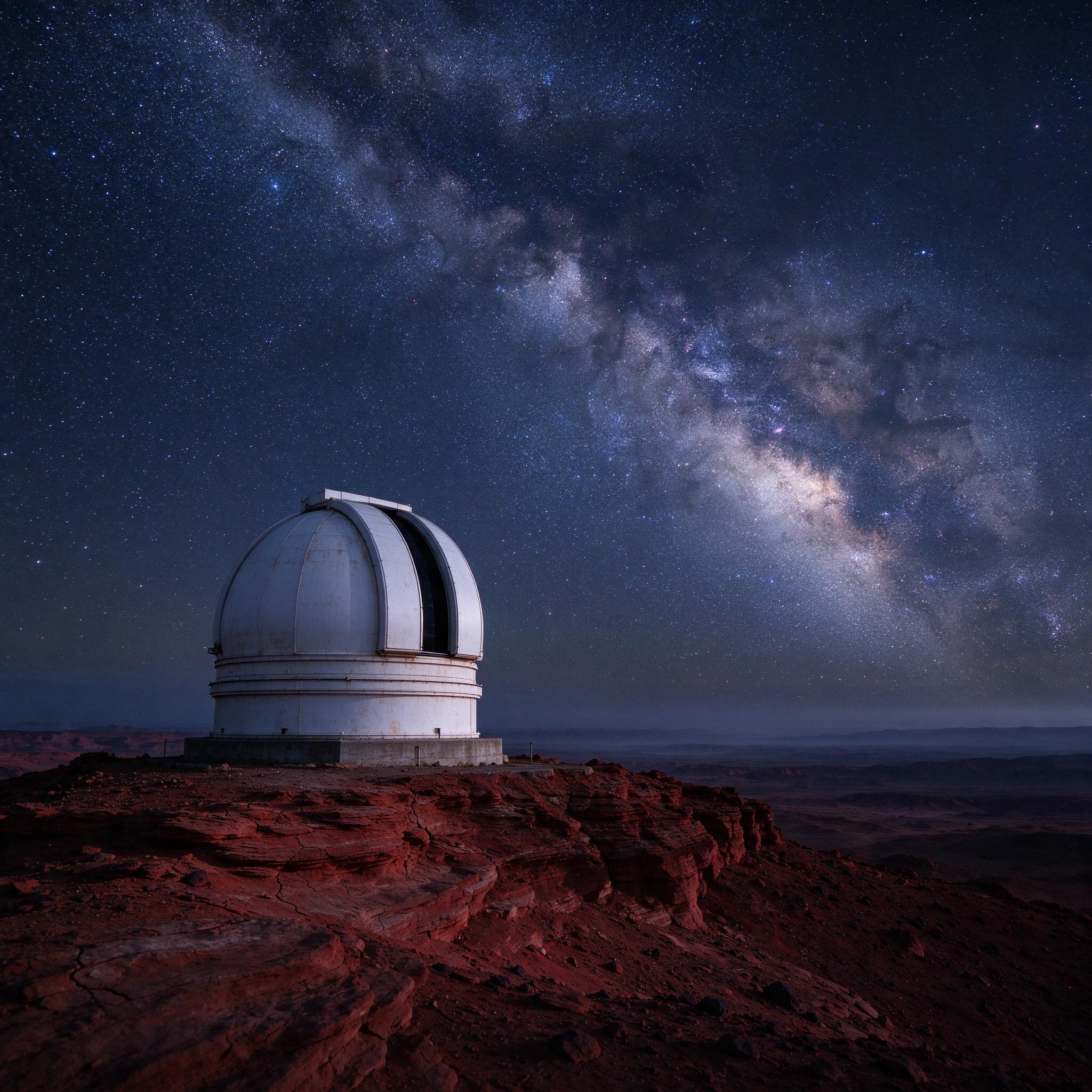 A lone observatory dome on a red desert ridge under the Milky Way, long exposure, cinematic