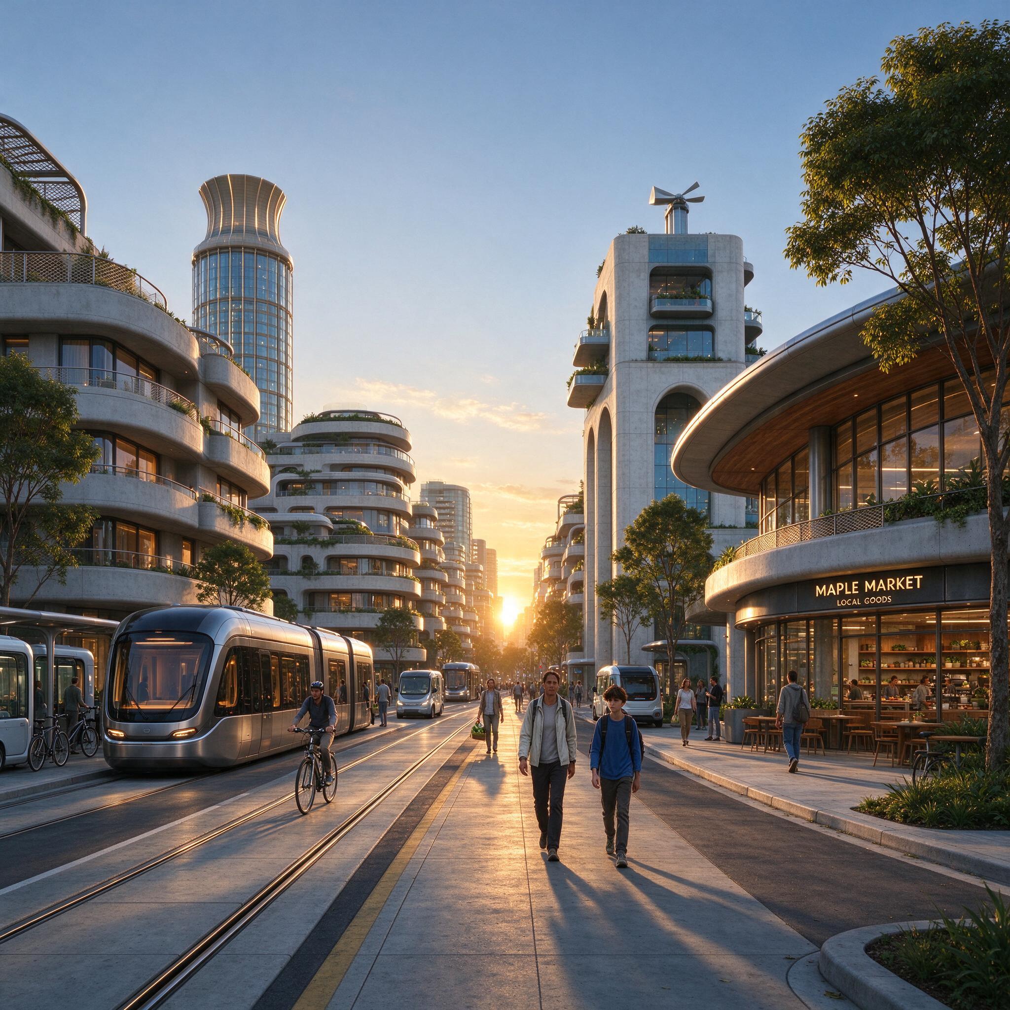My hometown in the year 2090, golden hour, wide street-level photo, believable future architecture, people going about their day