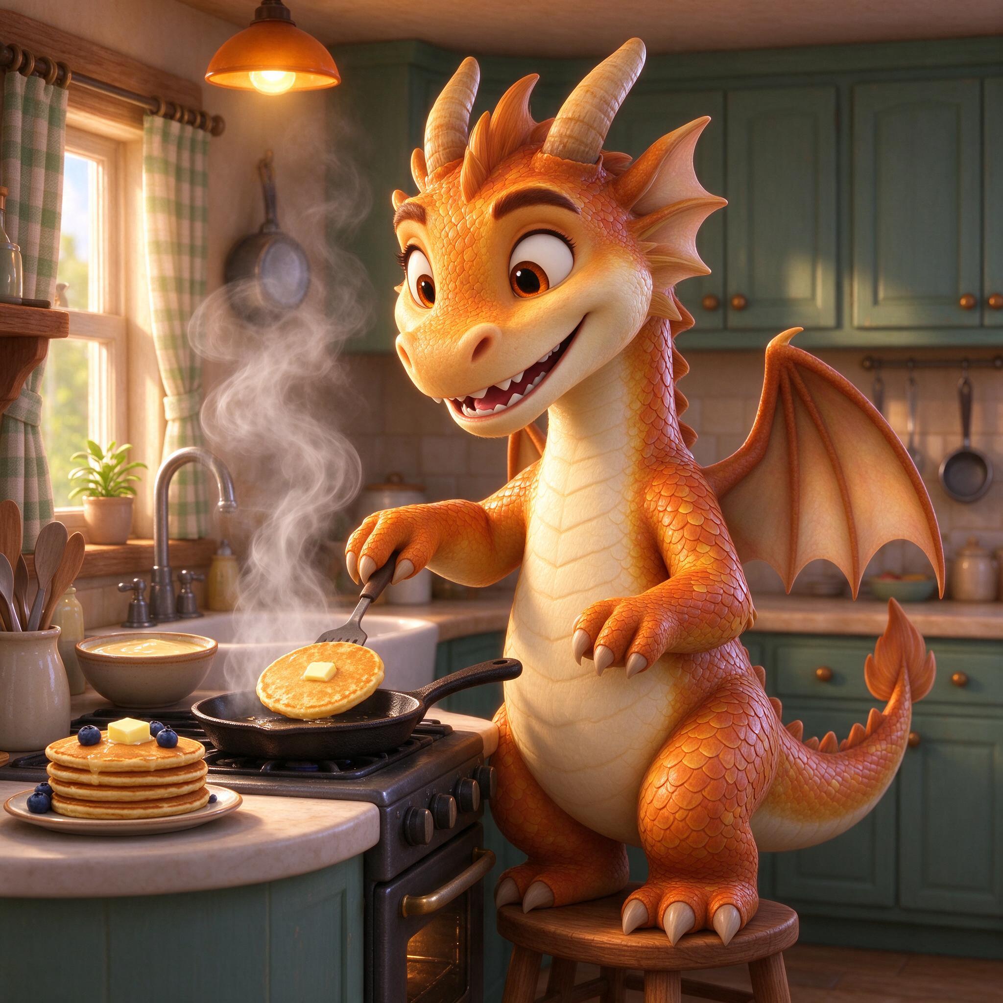 A dragon cooking pancakes in a tiny kitchen, steam and warm light, Pixar-style 3D render