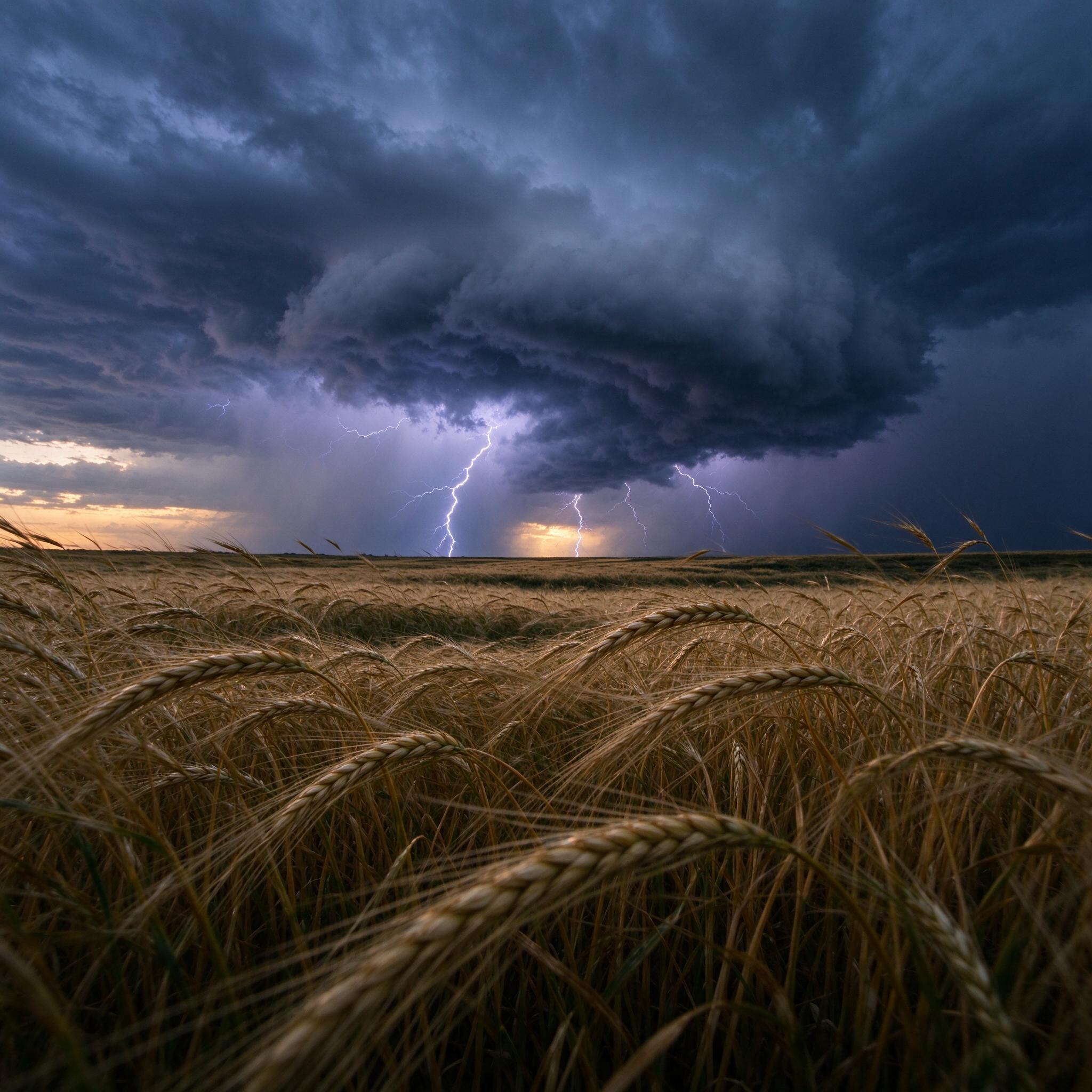 A storm rolling over a wheat field at dusk, lightning in the distance, slow crane up