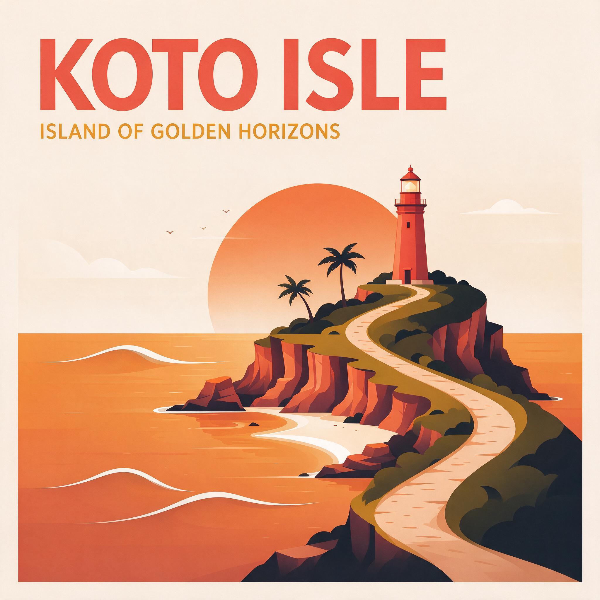 A minimalist travel poster for a made-up island called "Koto Isle", flat shapes, warm amber and coral palette, bold sans-serif title
