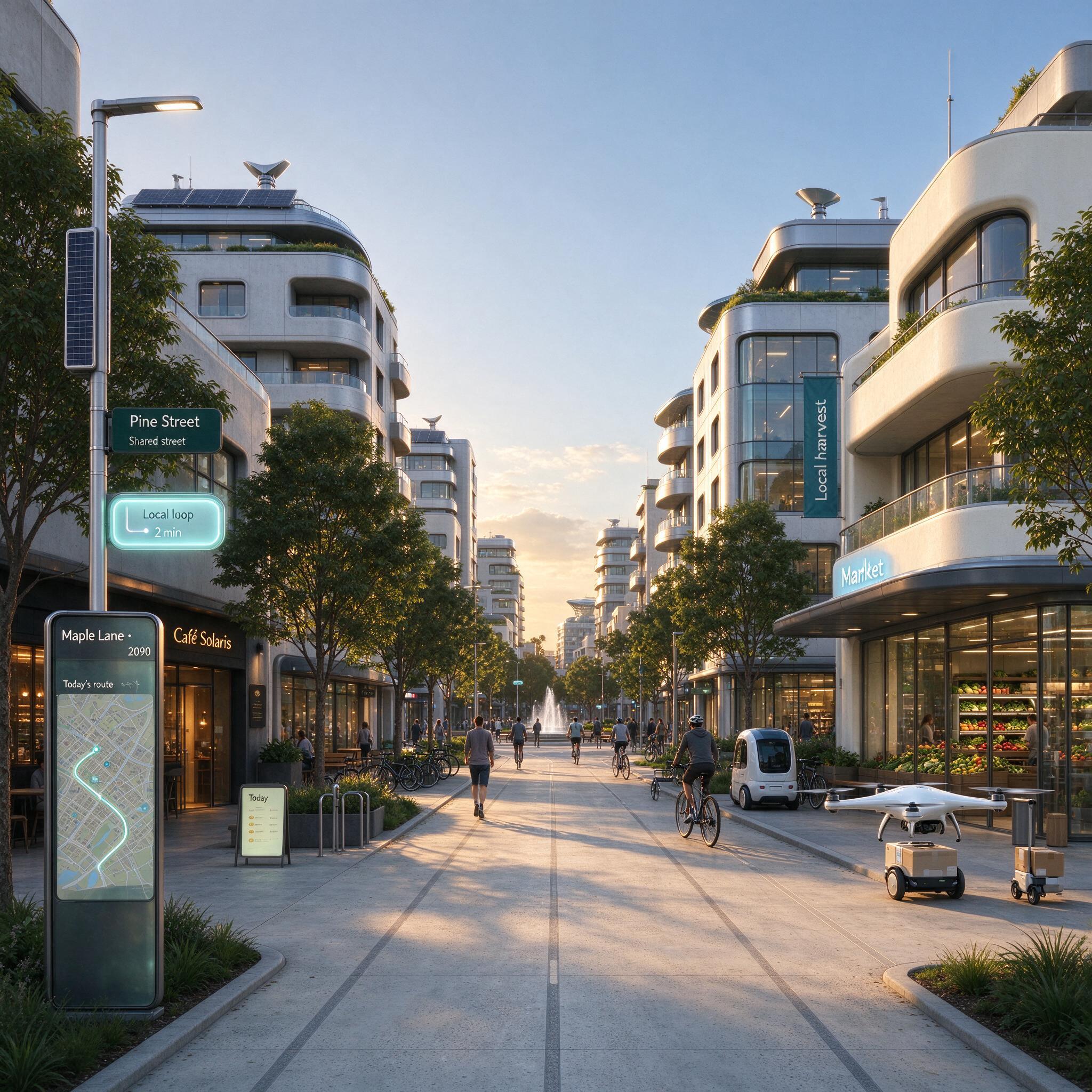 My hometown in the year 2090, golden hour, believable future architecture, street-level photo