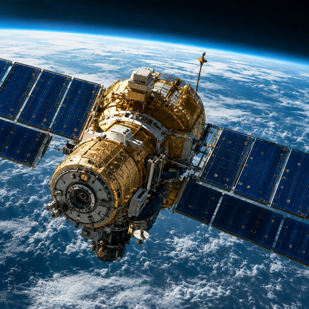 A space station module above Earth, gold foil insulation, blue solar arrays, cinematic concept art