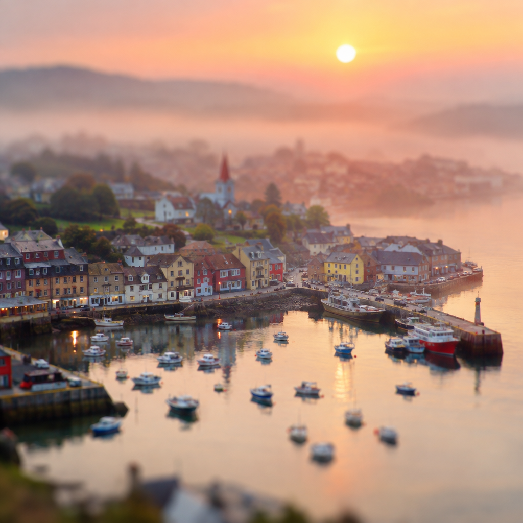 A tilt-shift miniature harbor town at sunrise, tiny boats and soft morning haze
