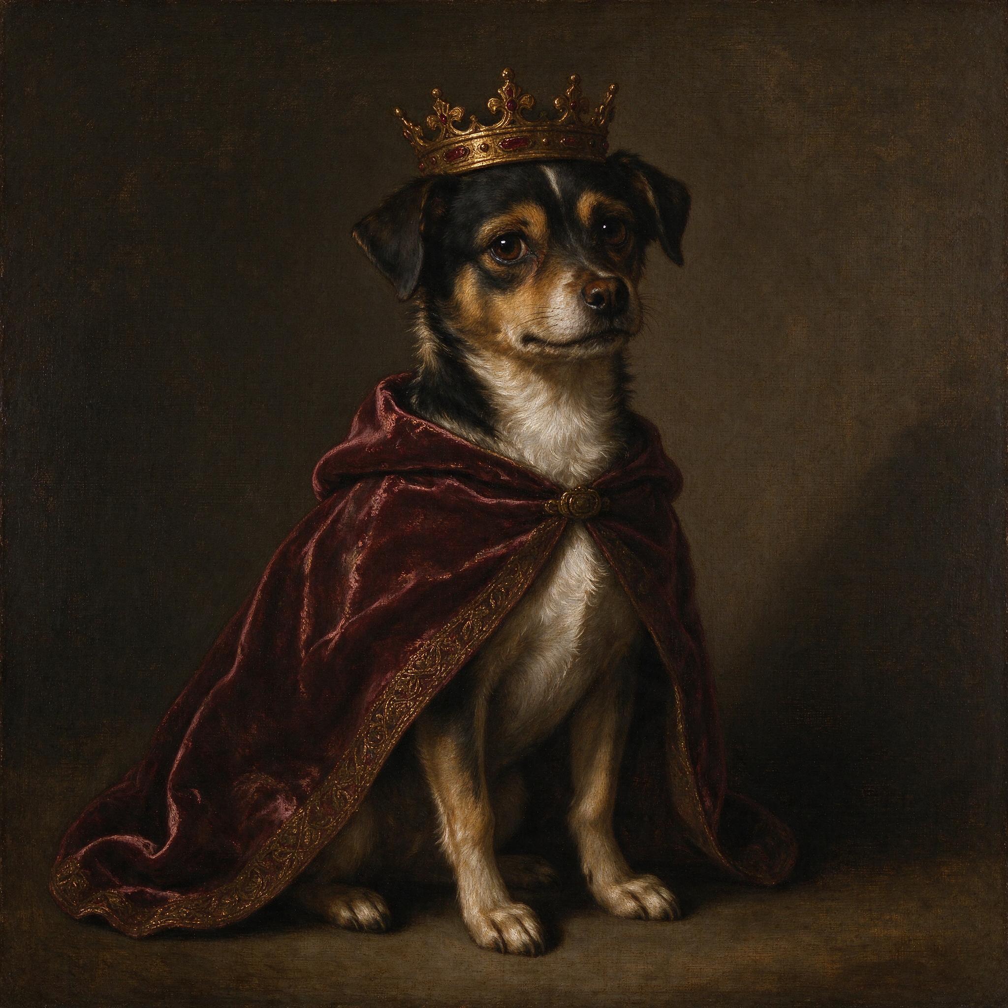 A small dog as a Renaissance oil portrait, wearing a velvet cape and a tiny crown, dramatic chiaroscuro lighting, museum quality